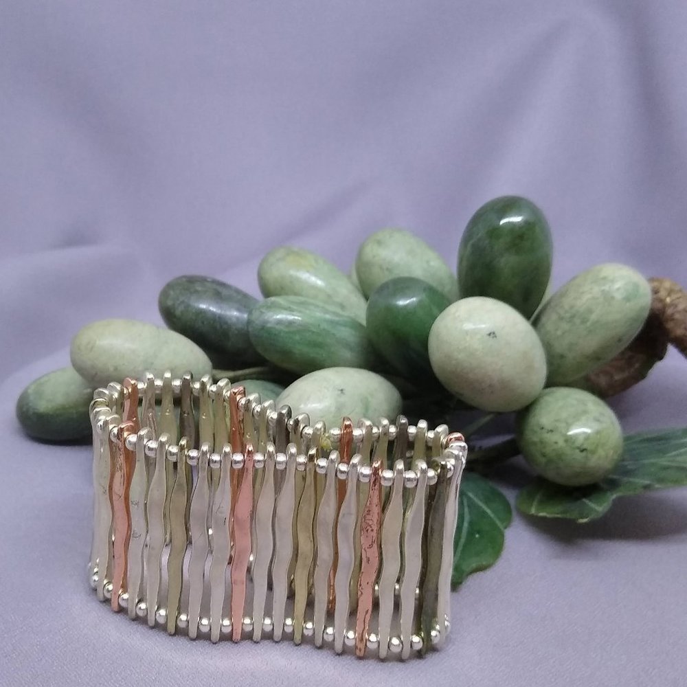 Stretch Bracelet, (1 ½") Wide, Multi-tone, (silver, gold, copper) Size 6 - 6 ½
